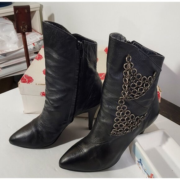Two Lips Black Leather Boots With Chains Vintage 1980 Size 6 Roughrider - Picture 8 of 11